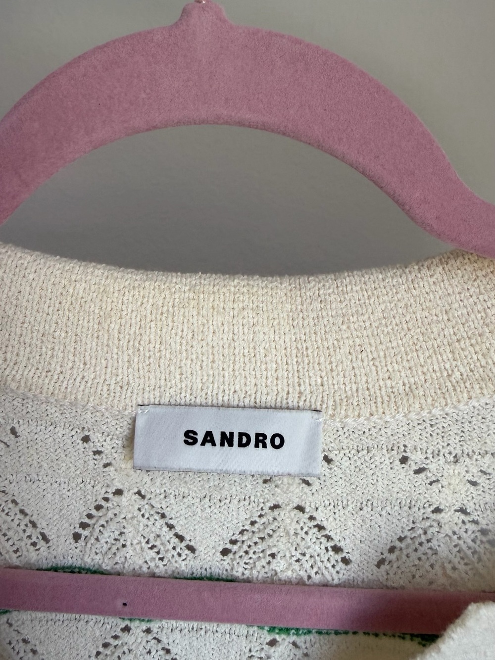 Sandro Paris Pointelle Knit Polo Sweater – Green & Ivory Striped – Size 1 - Picture 3 of 6